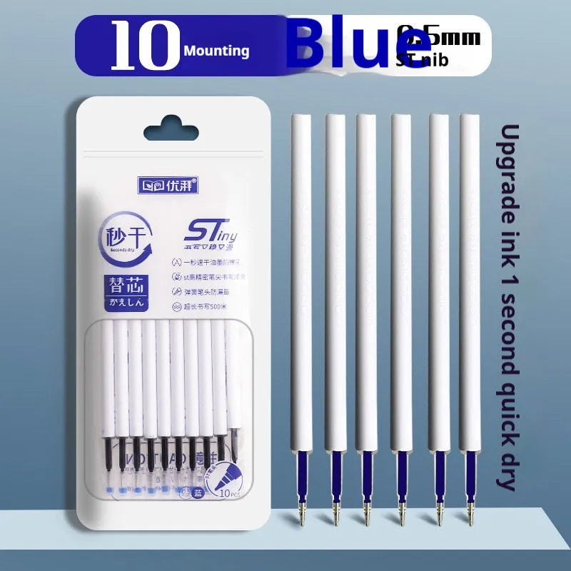 Pack of 10 quick-dry bullet pen refills in black, blue, red, and ink blue colours.