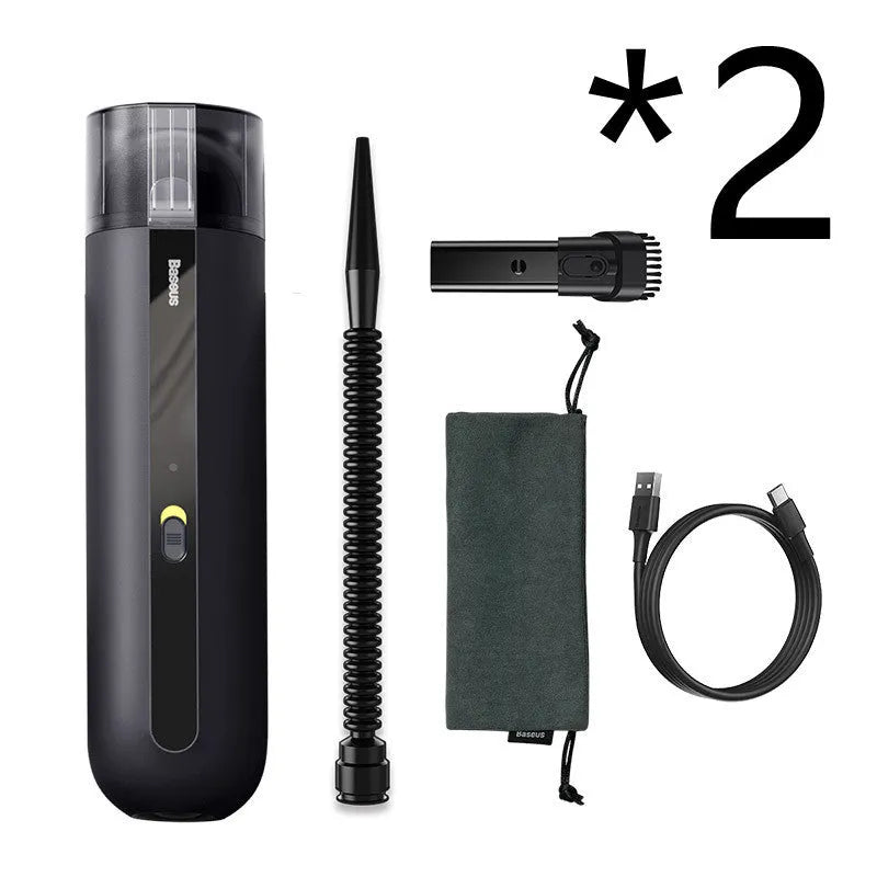 BASEUS wireless handheld car vacuum cleaner in black, white, or green with blowing hose attachment.