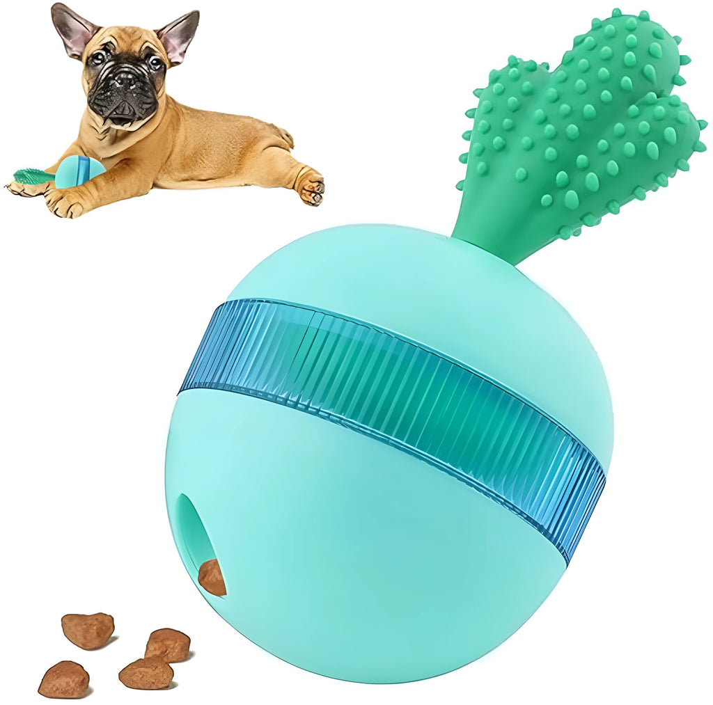 Blue durable rubber treat dispensing dog toy with tumble ball design for medium and large dogs
