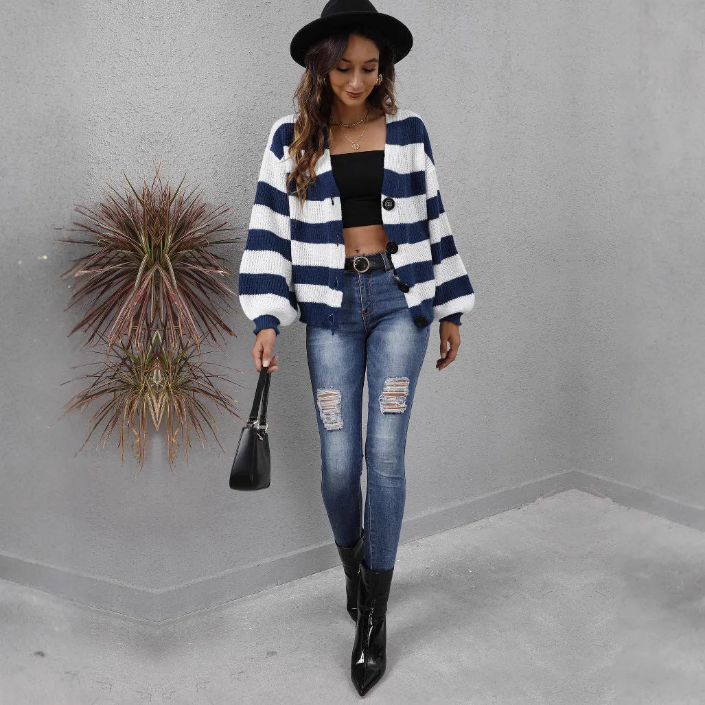Women's striped cardigan with button front and deer plush fabric in European-American street fashion style