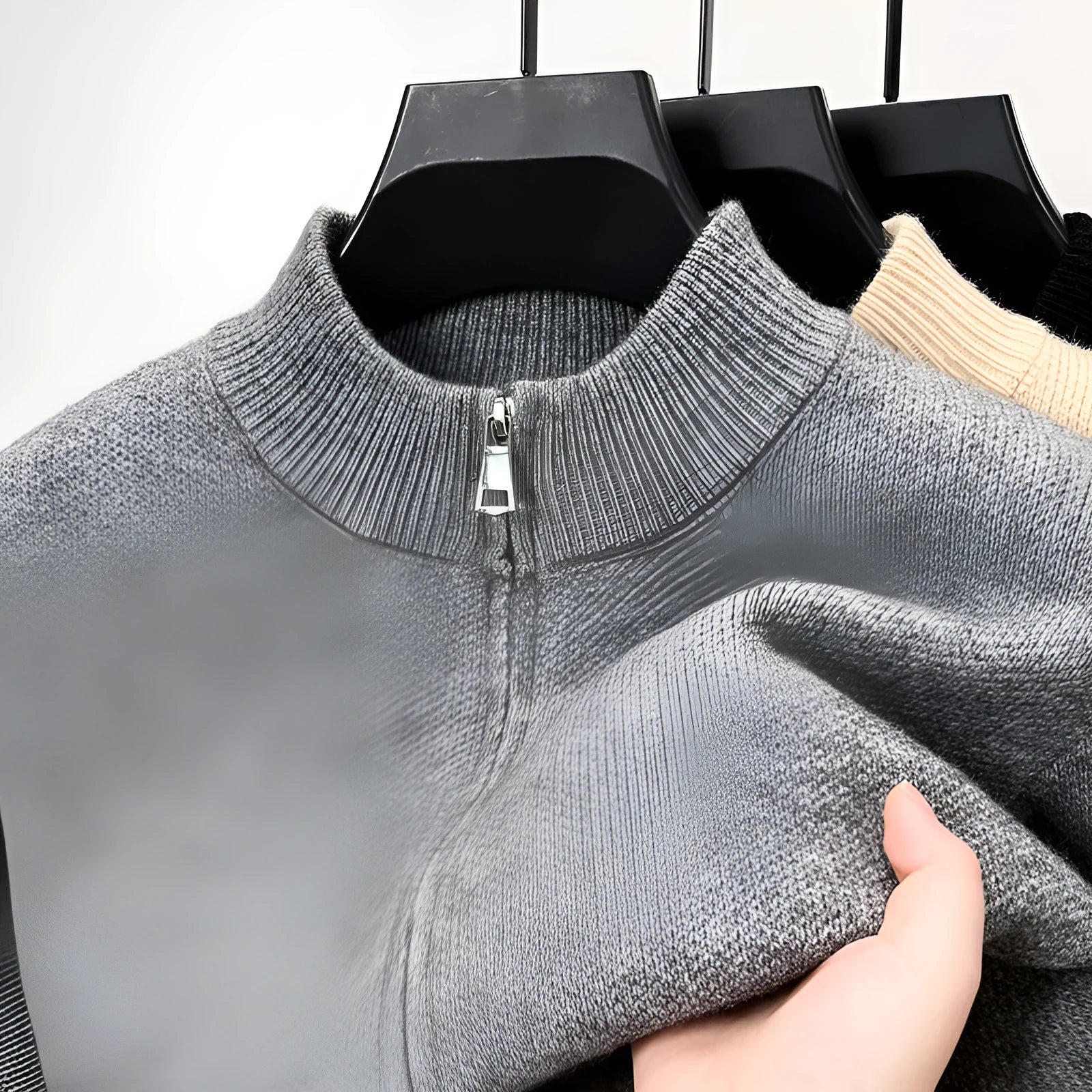 Men's loose fit grey stand collar cardigan with a full front zipper.