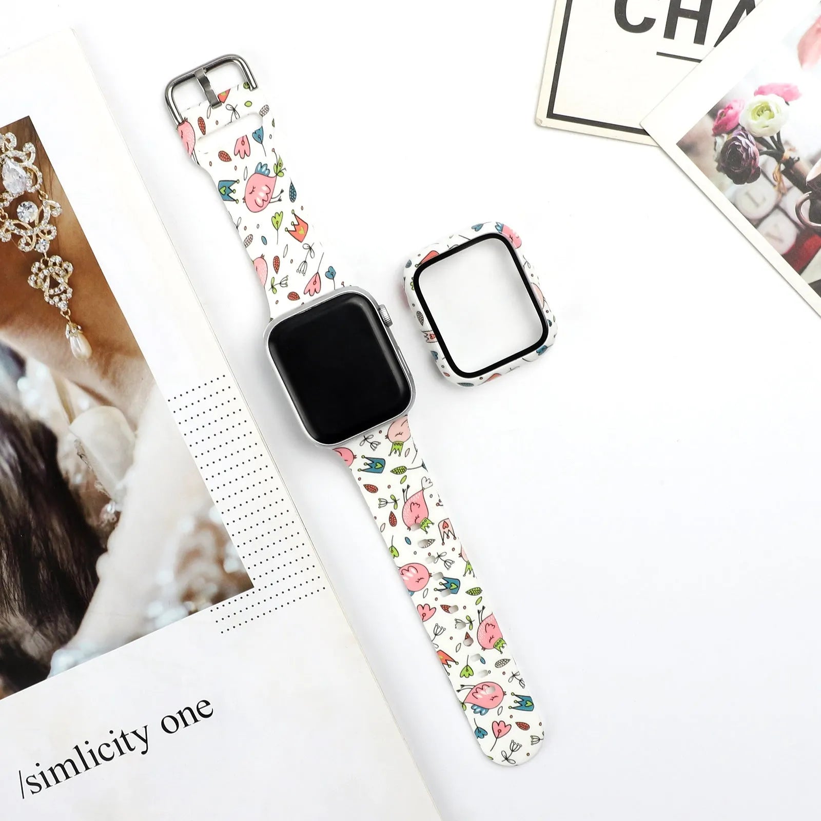 Printed fashion silicone replacement strap for Apple Watch showing multiple design options and 38mm 40mm 42mm 44mm size compatibility.
