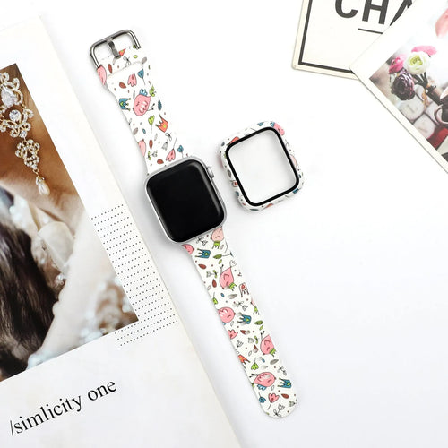 Printed fashion silicone replacement strap for Apple Watch showing multiple design options and 38mm 40mm 42mm 44mm size compatibility.