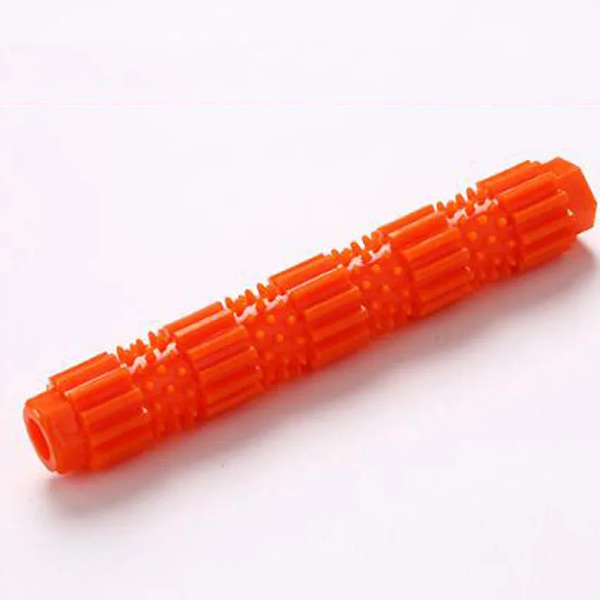 Green and orange natural rubber dog chew toy with treat dispensing hole