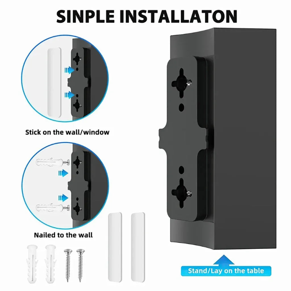 Black indoor digital television antenna with mounting accessories including expansion tubes, screws, cable ties, and adhesive tape