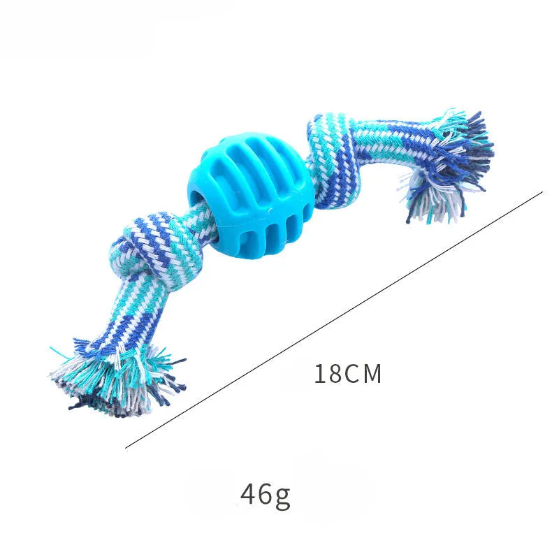 Blue dog dental chew toy with integrated rope elements for teeth cleaning