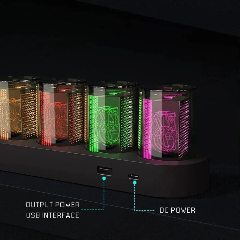 RGB LED digital clock showing colourful display modes with USB cable connection