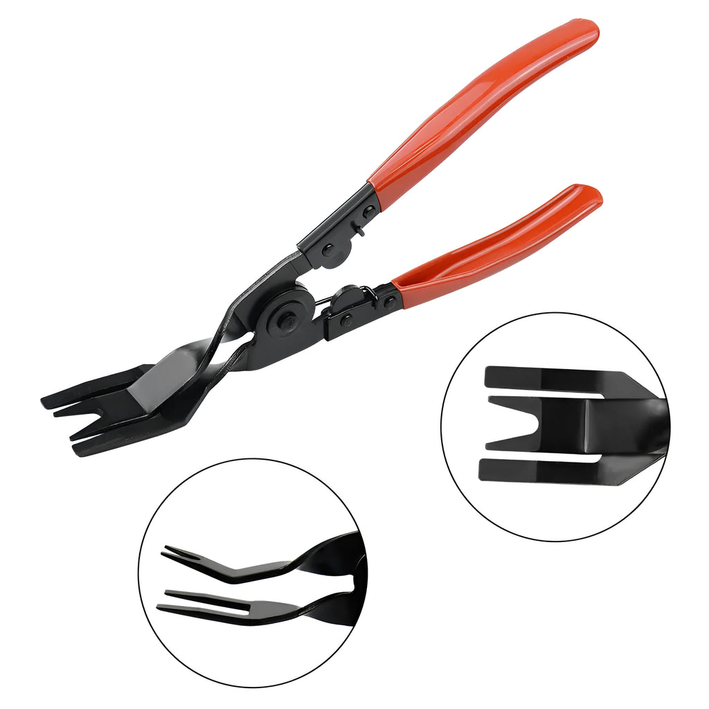 Red-handled automotive clip driver tool for GM door panel repairs with light switch pliers