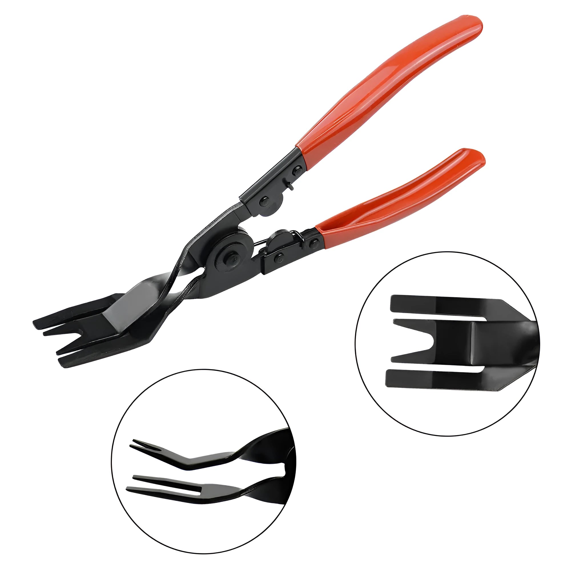 Red-handled automotive clip driver tool for GM door panel repairs with light switch pliers