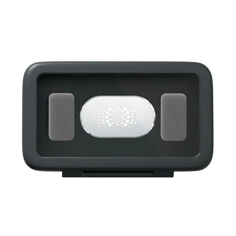 Waterproof plastic phone holder with clear anti-fog window showing smartphone inside, mounted on bathroom tile
