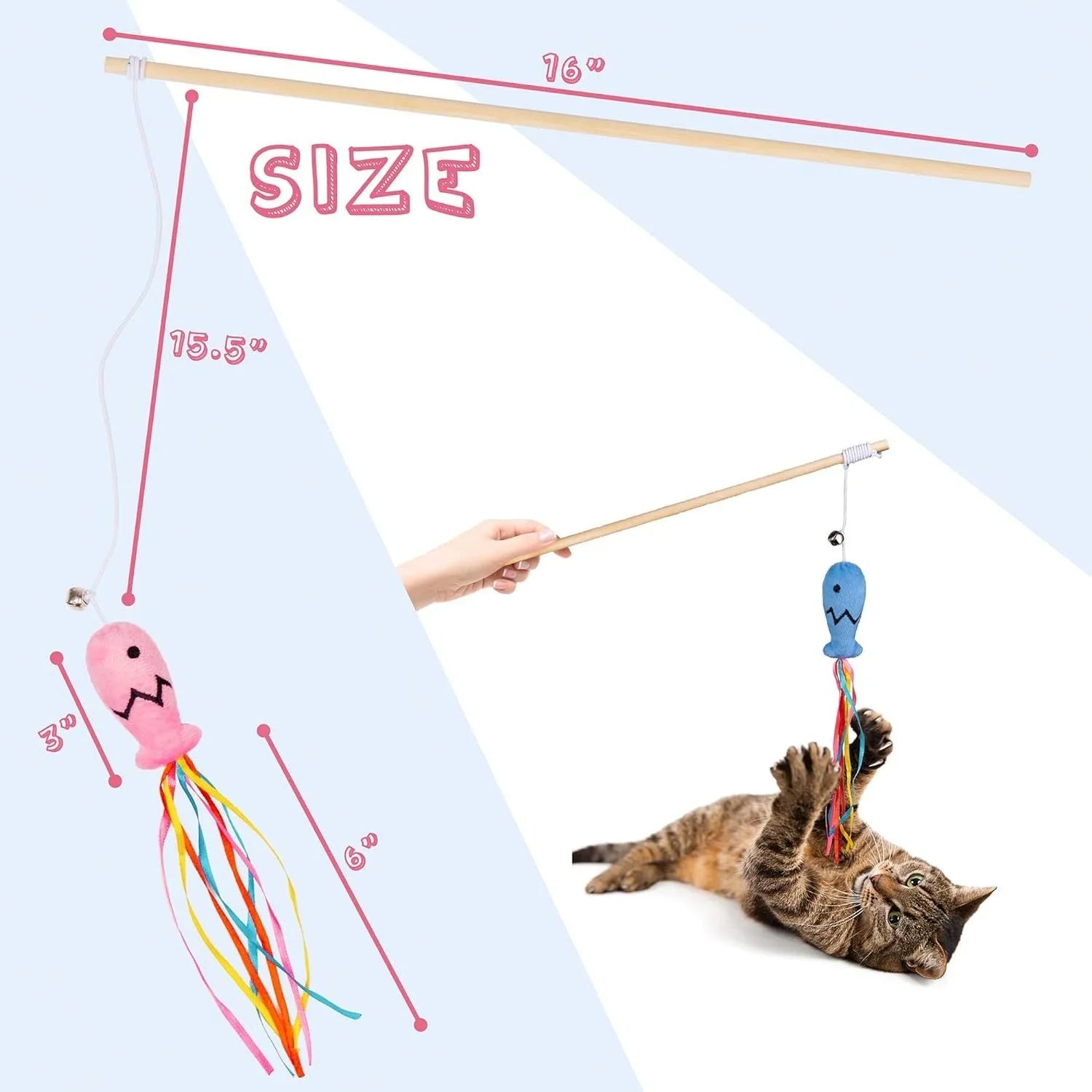 Wooden handle cat wand toy with catnip fish, colourful ribbons and bell attachment