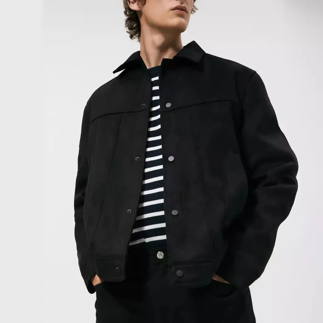 Black men's hooded jacket with a suede collar and side pockets, shown on a hanger.