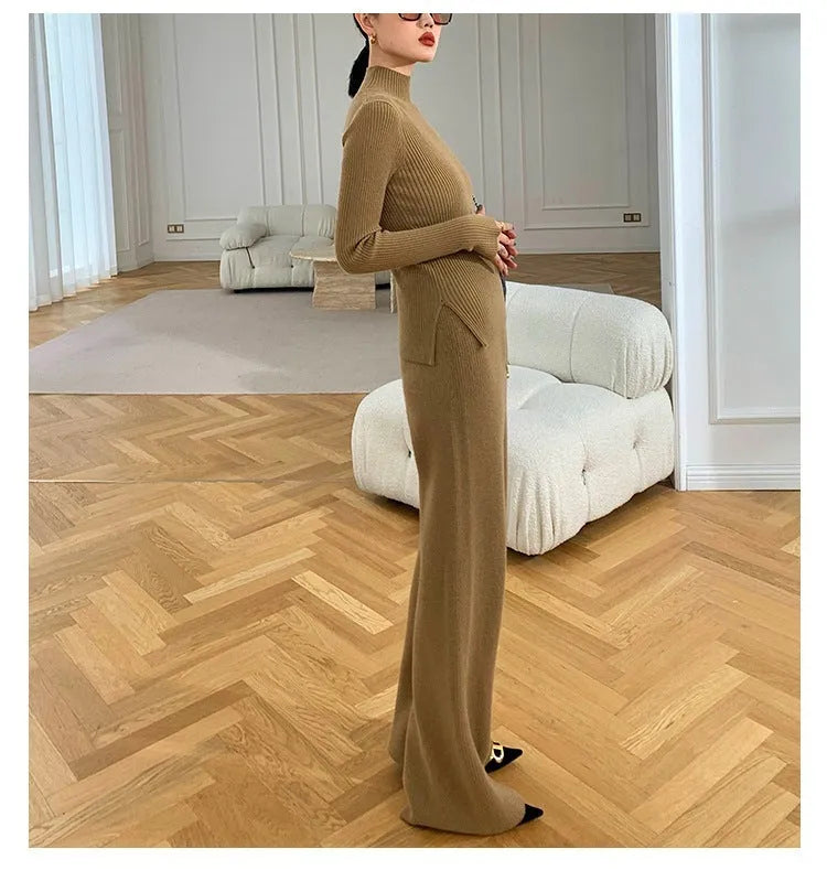 Women's apricot knitted three-piece set showing top, cardigan, and wide-leg trousers with leather stitching detail.