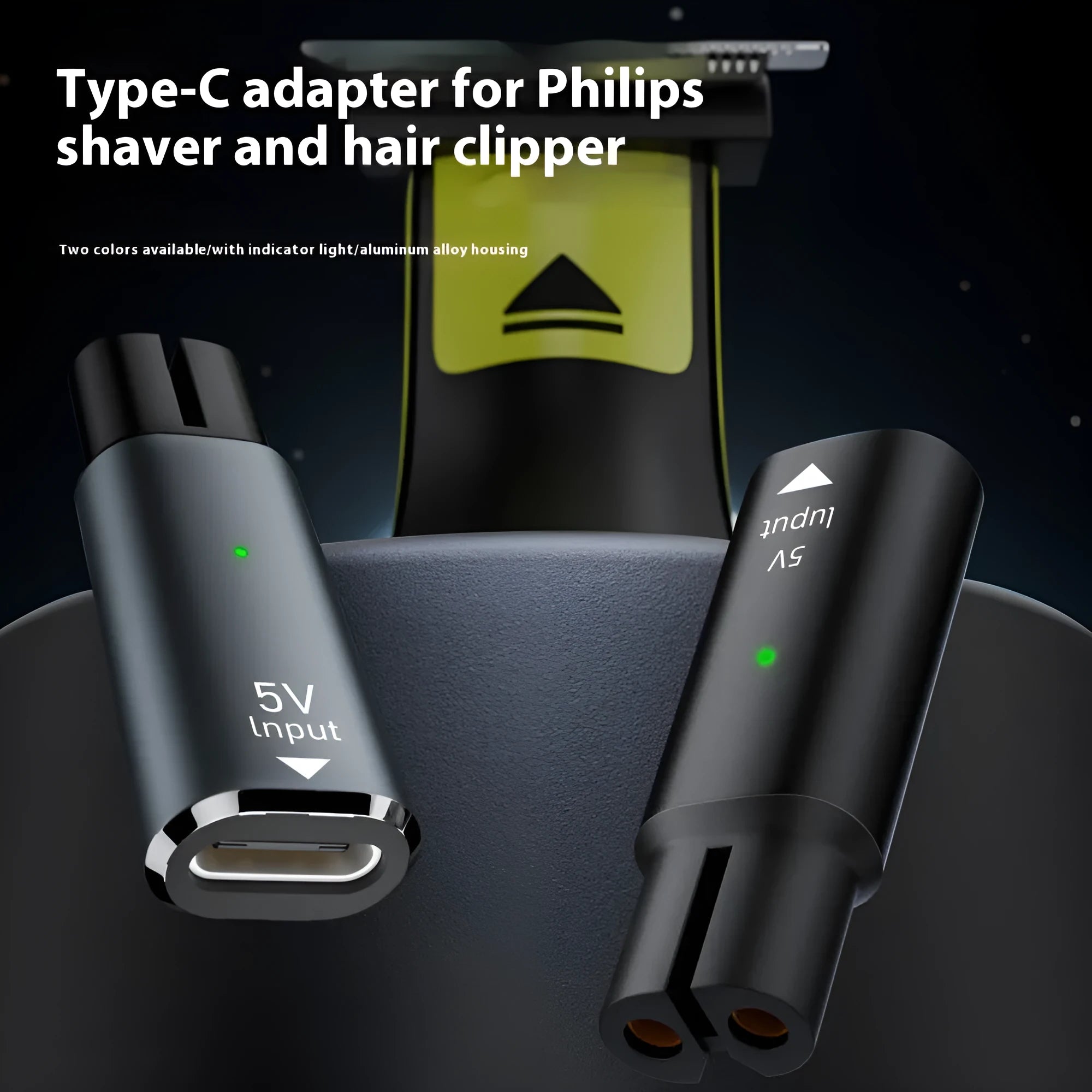 USB C to 4.3V aluminium alloy charging adapter for electric shaver on black or grey background