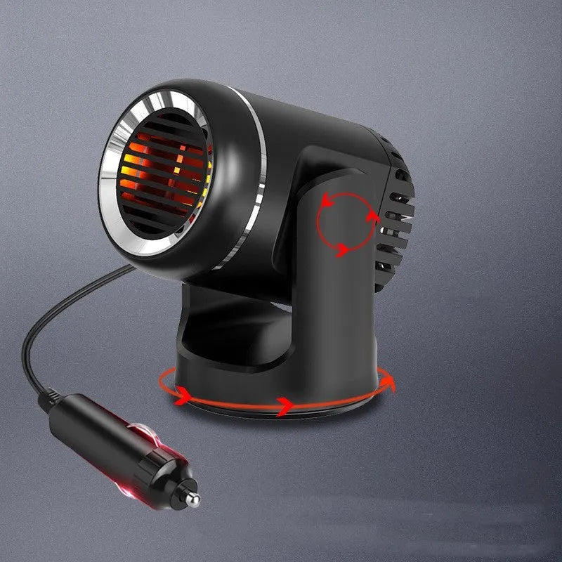 Black and white 12V car heater with dual hot cold settings for vehicle defrosting and climate control