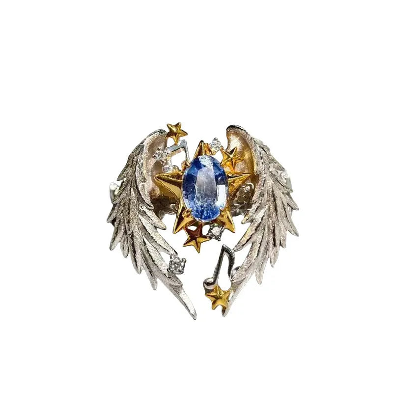 Adjustable geometric angel wings ring in alloy with open mouth design