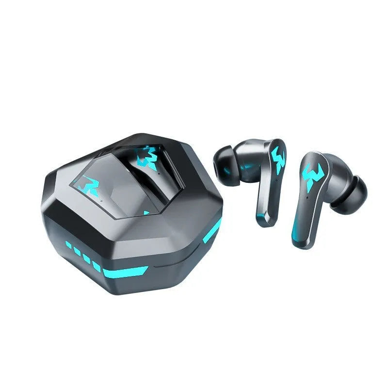 Black wireless Bluetooth 5.0 in-ear stereo headset with noise-cancelling design for sports and gaming