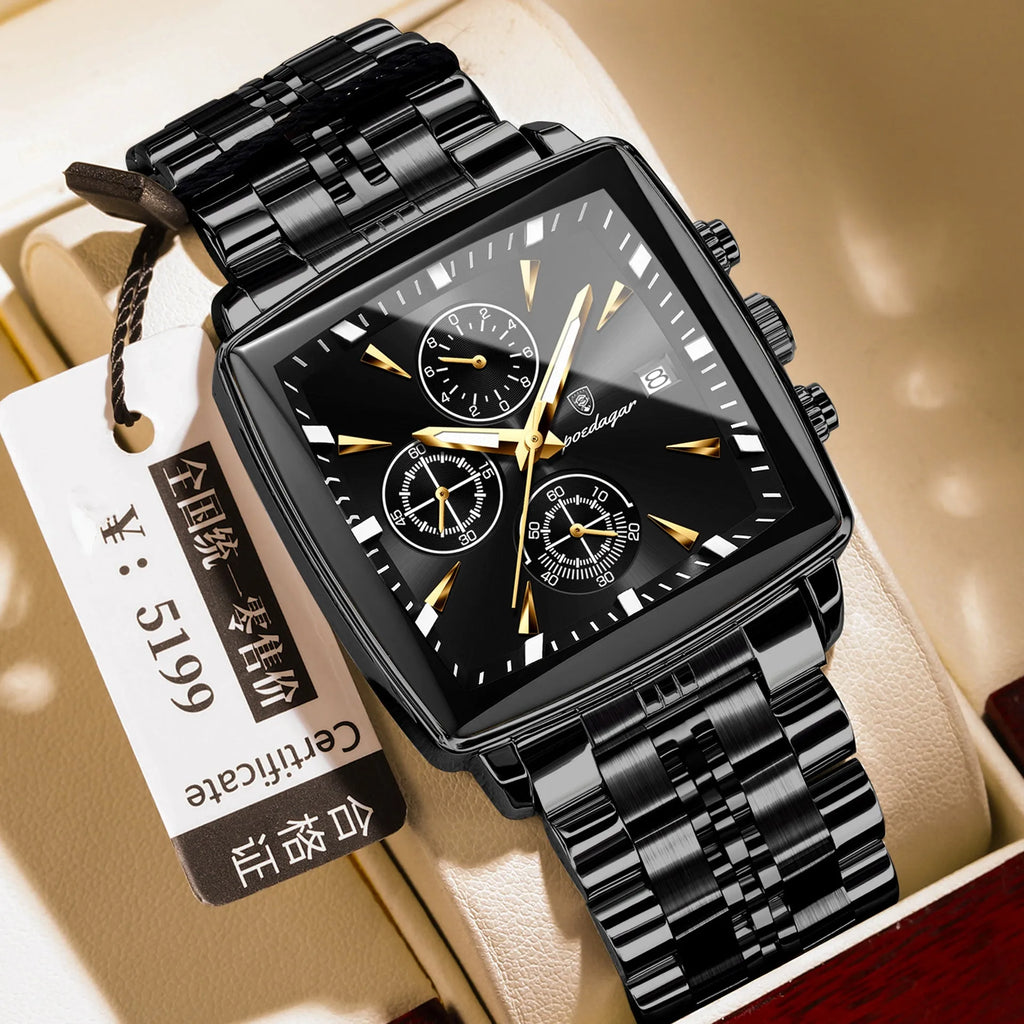 Square faced men's business watch with stainless steel strap in one of ten colour options.