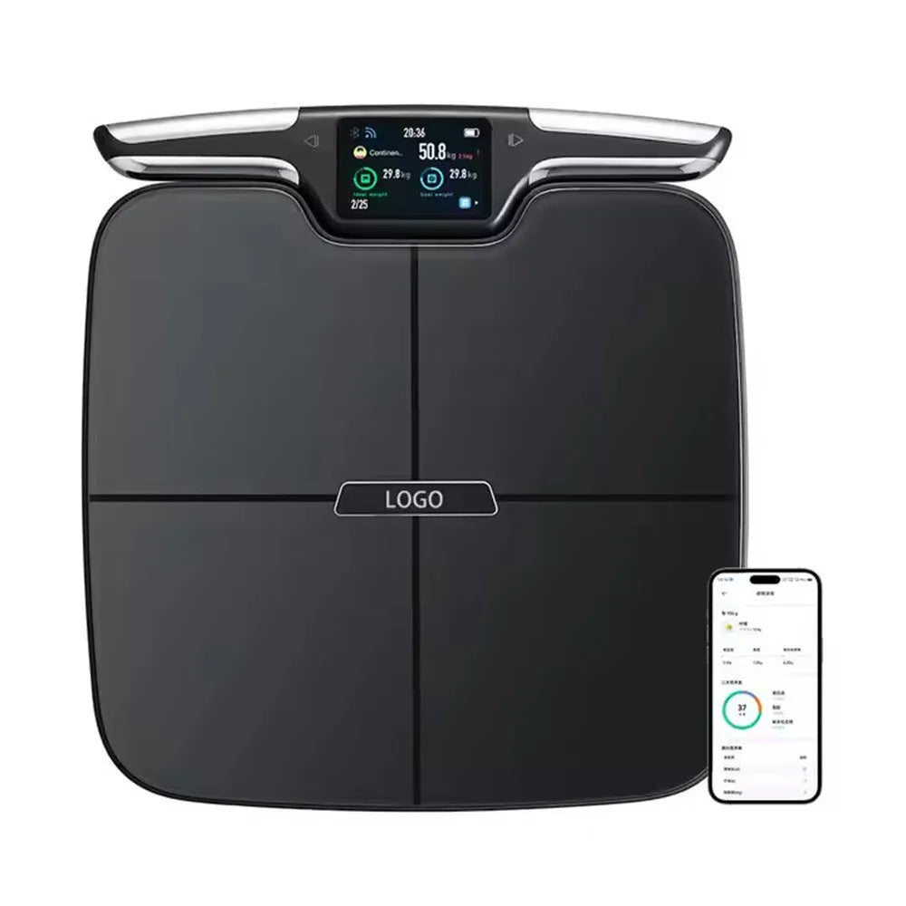 Black eight-electrode body fat scale on a bathroom floor showing digital display.