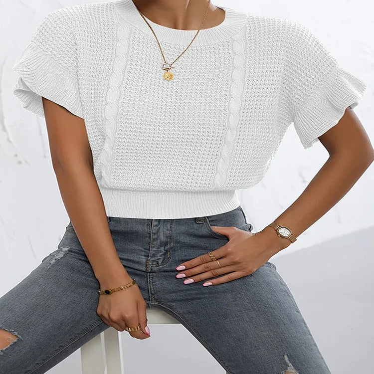 Knitted pullover sweater with twisted string ruffle short sleeves in Japanese Korean casual style