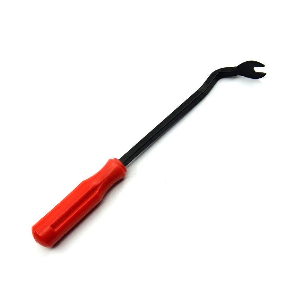 Red-handled automotive clip driver tool for GM door panel repairs with light switch pliers