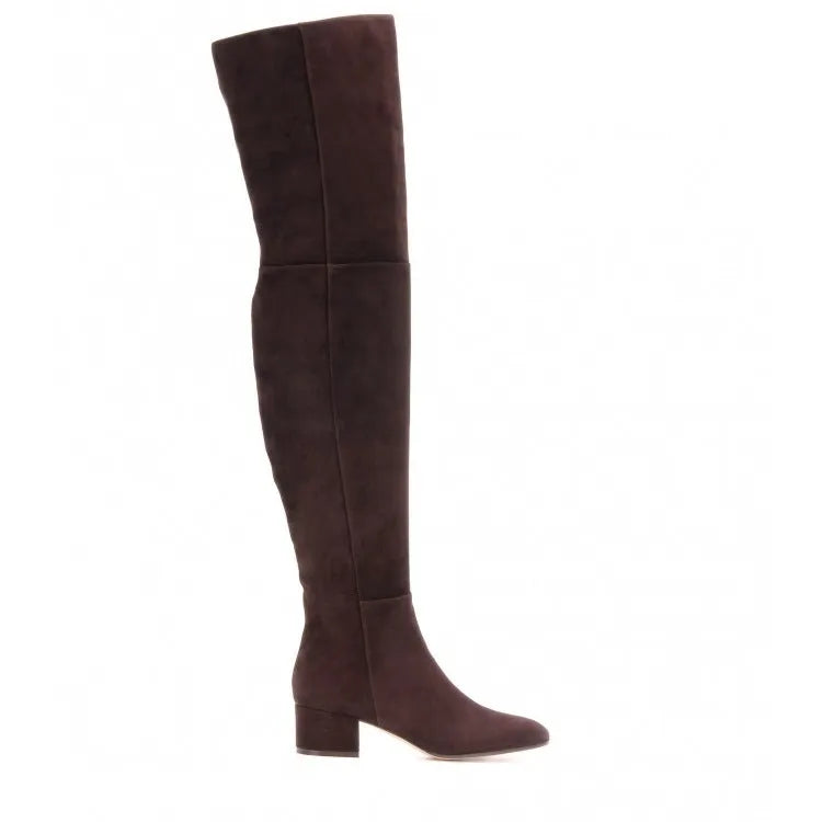Women's grey suede over-the-knee flat boots with pointed toe and low thick heel