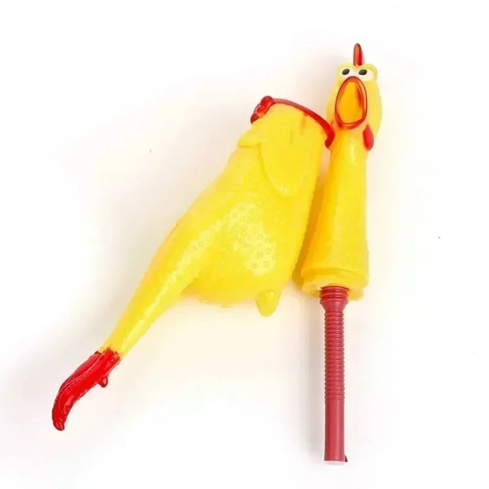 Yellow rubber screaming chicken dog toy with squeaker in three size options