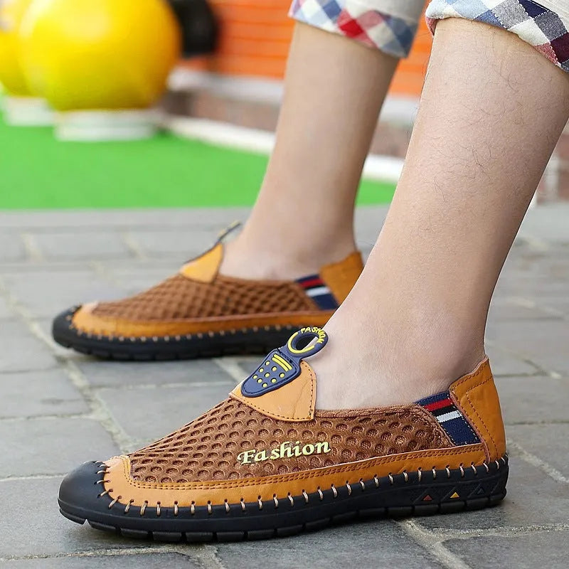 Men's brown casual shoes with mesh upper and rubber soles