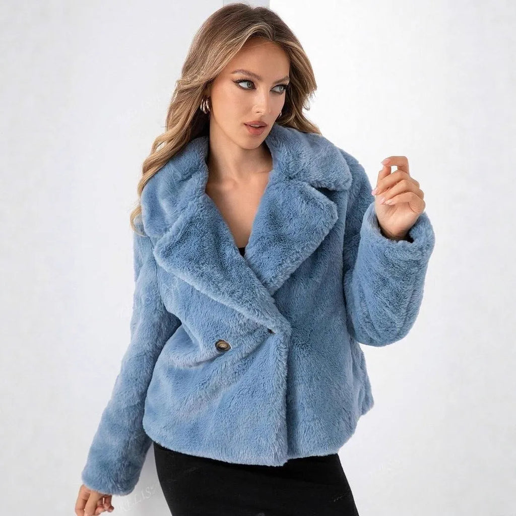 Women's loose short faux fur coat in rose red, showing regular sleeves and a fresh, sweet style.