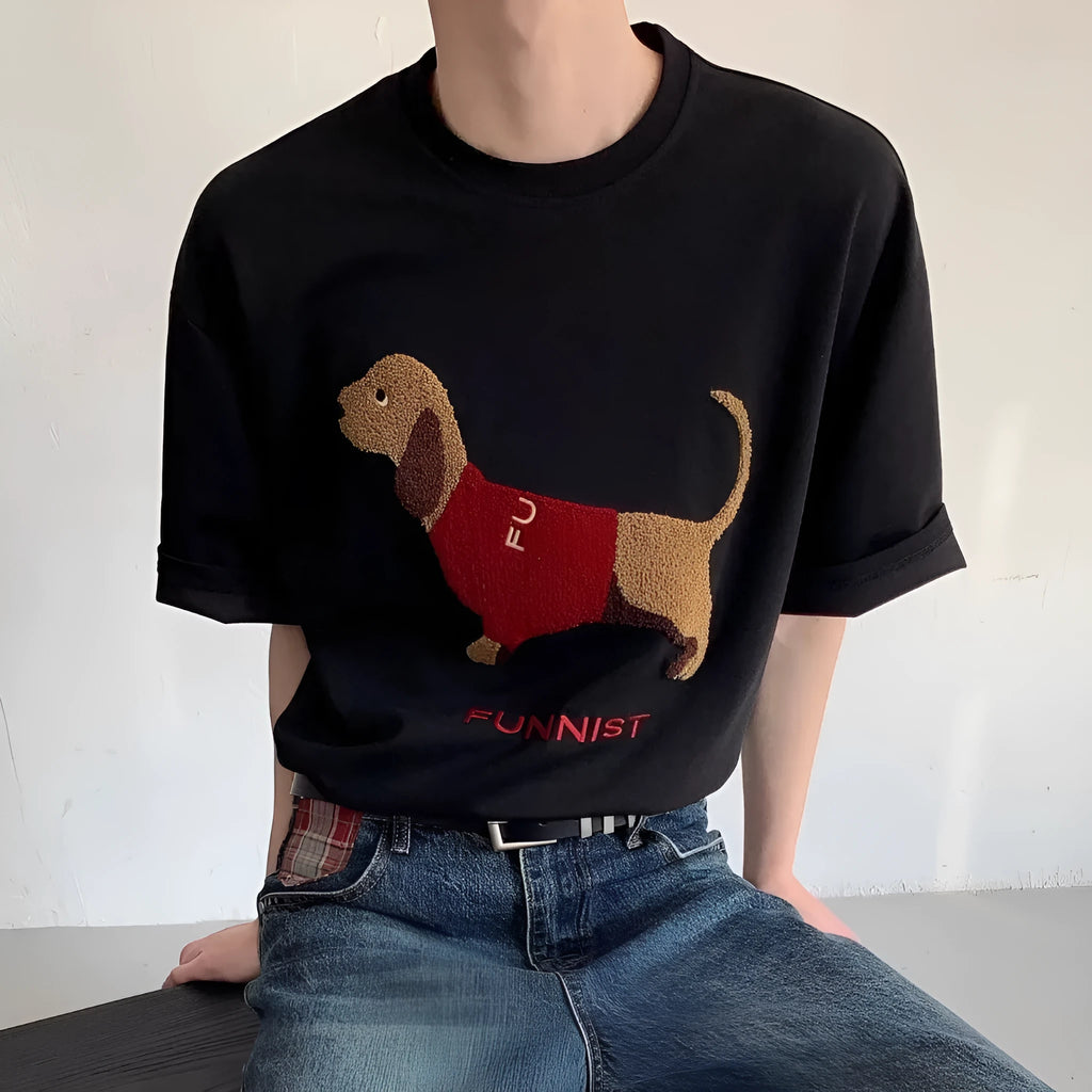 Grey men's cotton t-shirt with a detailed embroidered sausage dog design on the chest.