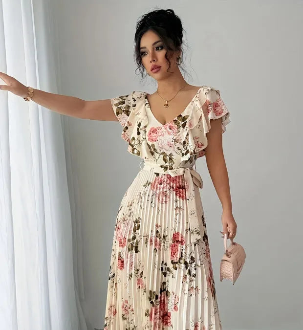 Apricot floral print dress with V-neck, ruffled sleeves and oversized swing skirt