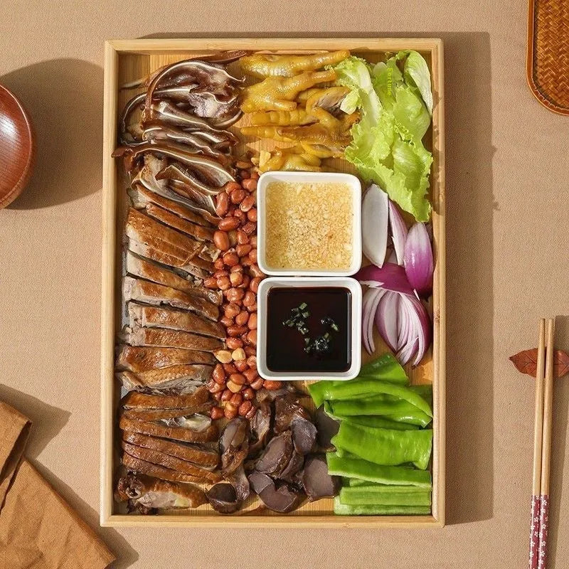 Brown bamboo square catering tray with handle for restaurant serving