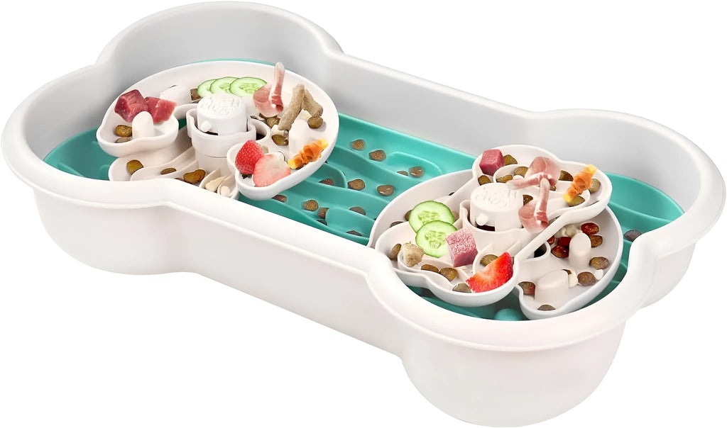 Large green slow feeder dog bowl with puzzle trays and non-slip suction cups for big breed dogs