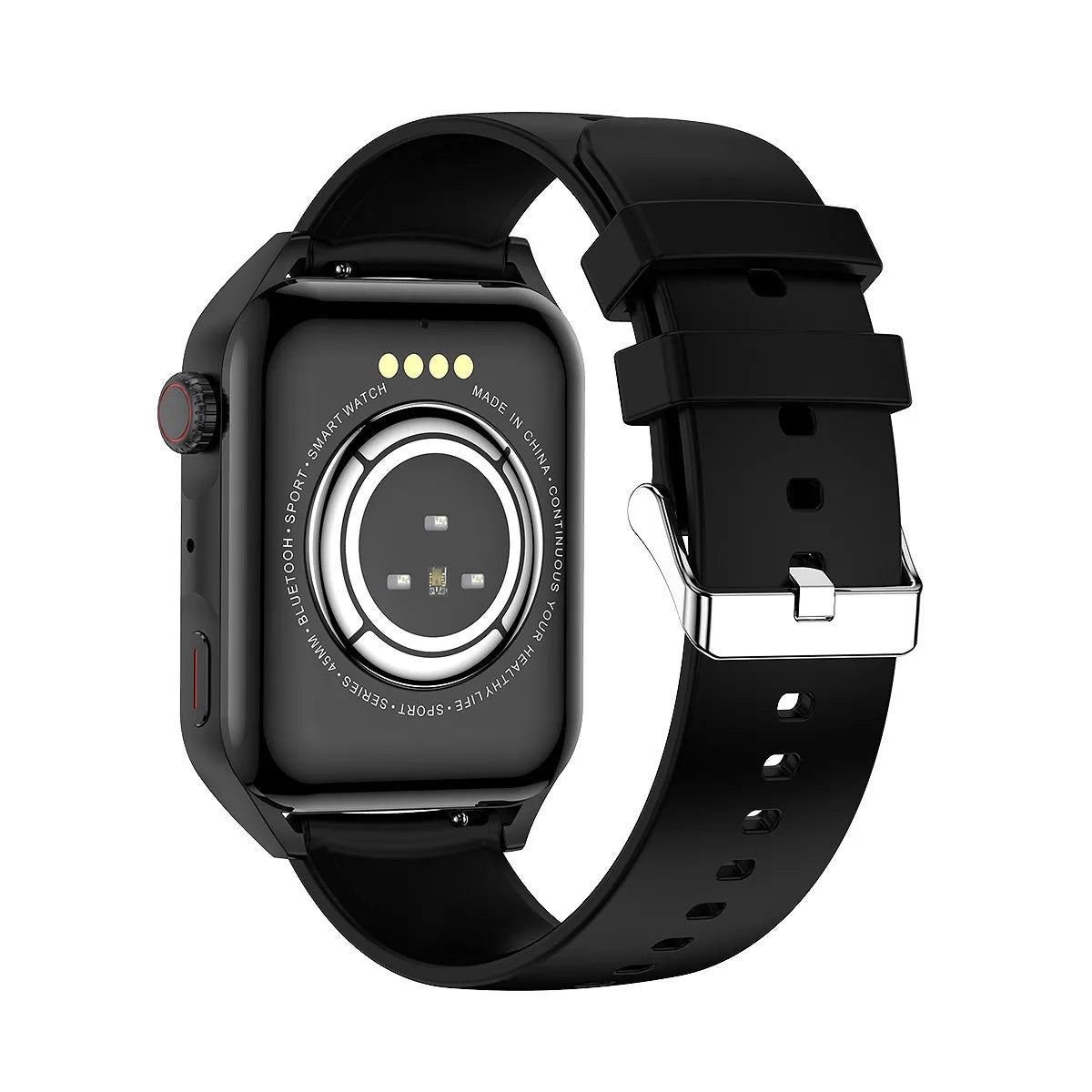 A pink smart watch with a 1.8-inch AMOLED screen on a silicone wrist strap, showing a multi-dial display.