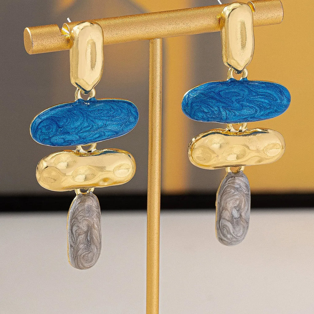 Geometric zinc alloy stud earrings with electroplated multicolour finish
