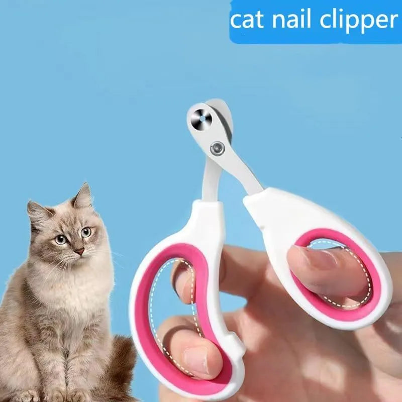 Blue pet nail clippers with circular cutting hole and non-slip handles on a white background.