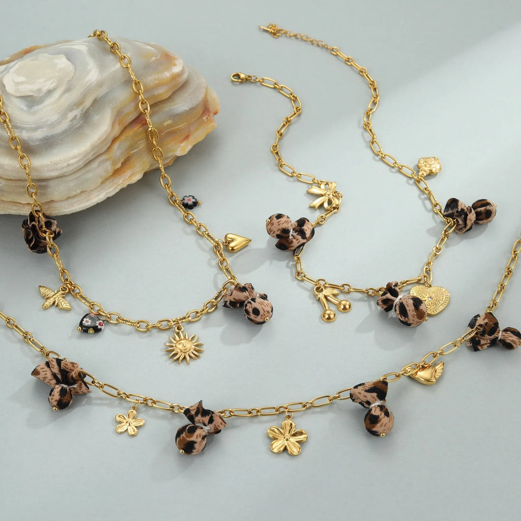 Geometric leopard and love heart flowers pendant necklace on stainless steel chain with 18K gold plating