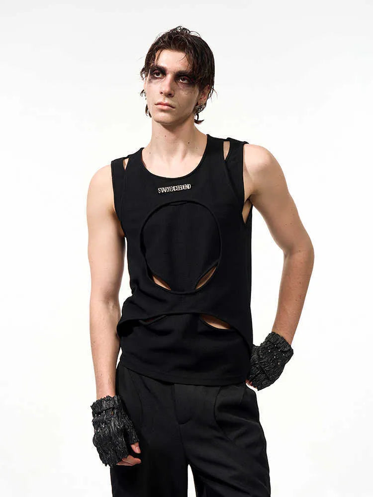 Men's black sleeveless waistcoat with hollow knit construction and round neck collar