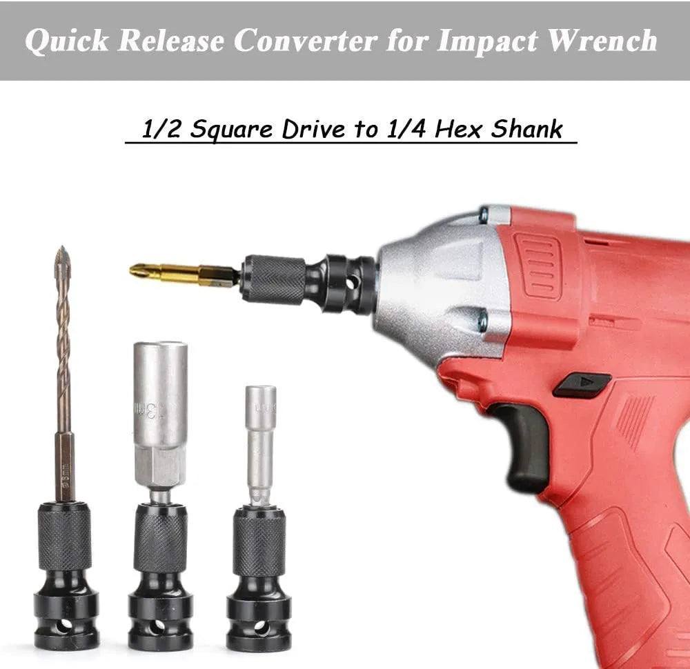 Steel telescopic bit holder adaptor converting between 1/2-inch and 1/4-inch drive sizes with O-ring bolt