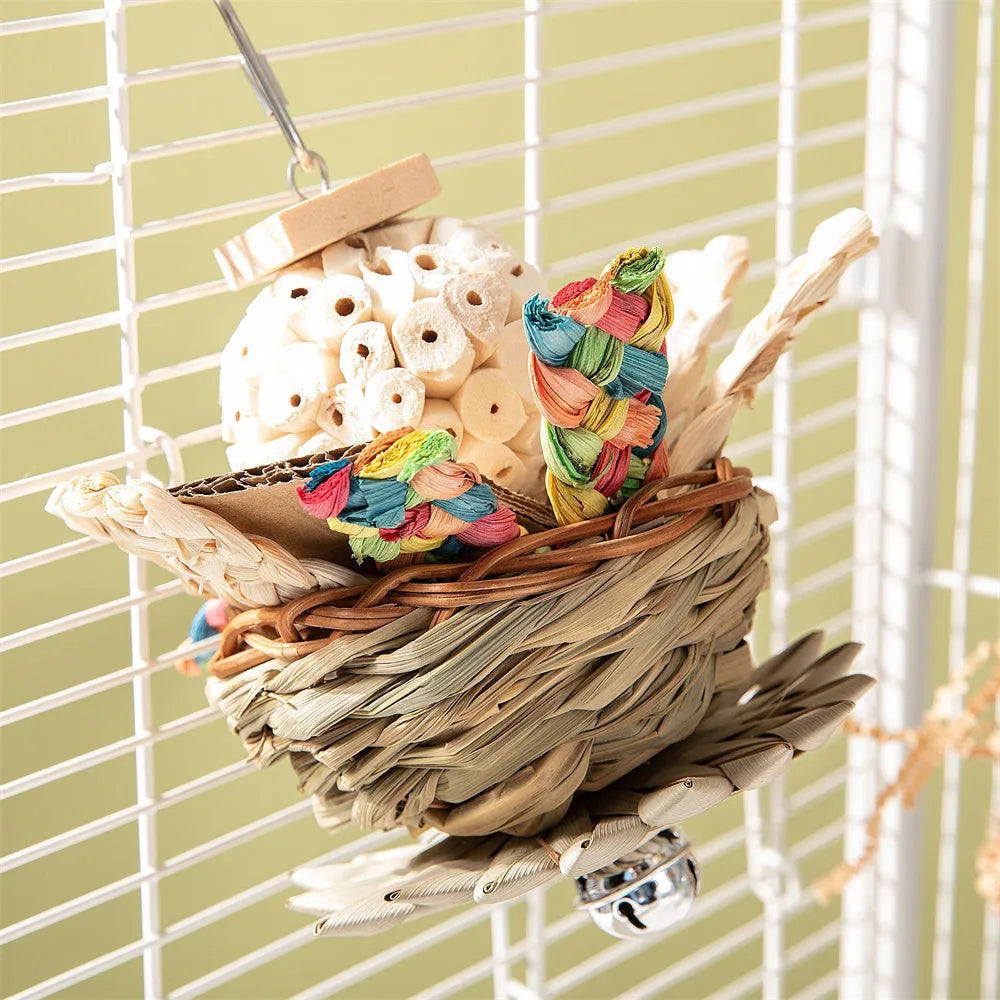 Parrot gnawing molar chew toy set with three wooden pieces of different weights for bird beak care