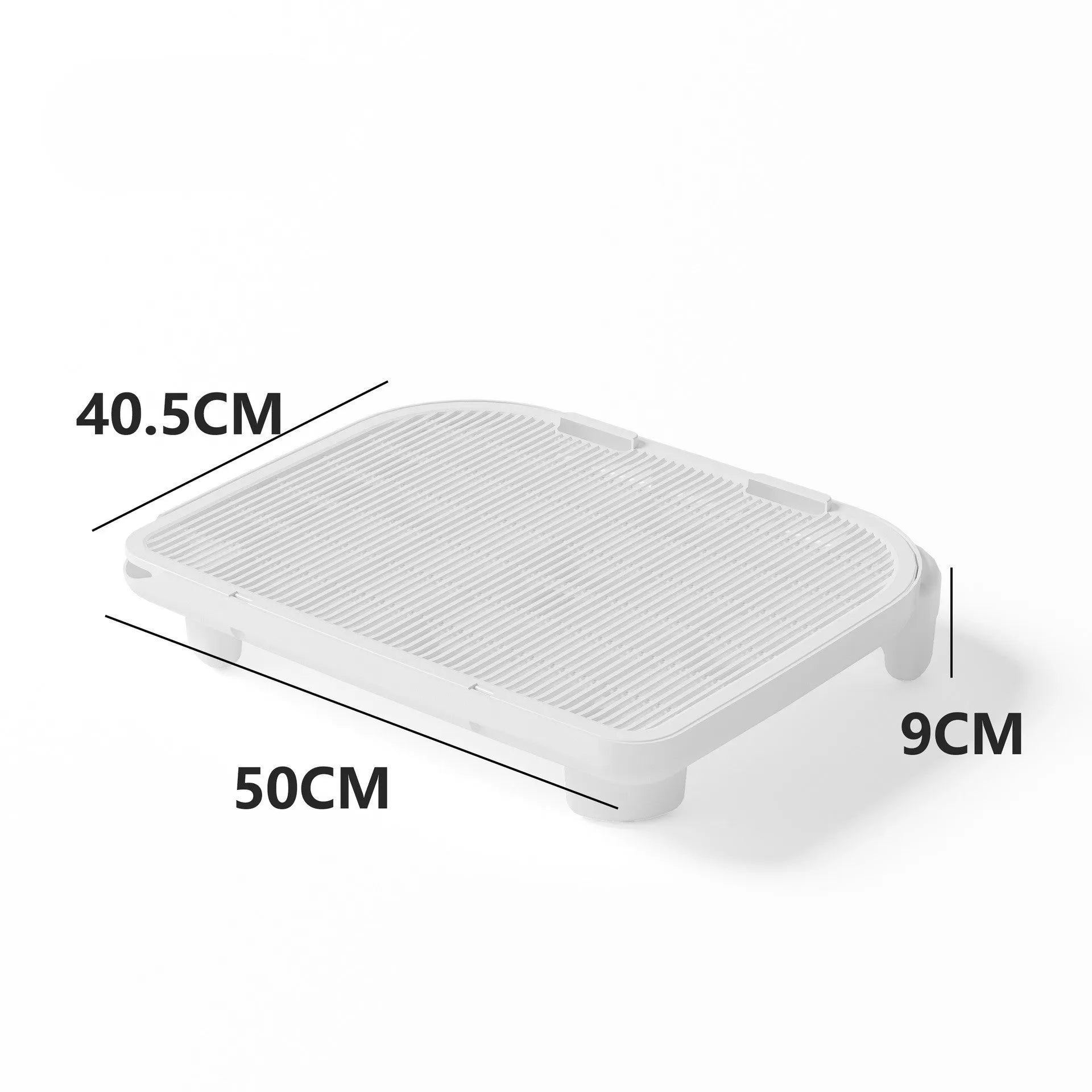 Milk yellow plastic cat litter mat with anti-slip silicone feet measuring 40 x 40.5 cm