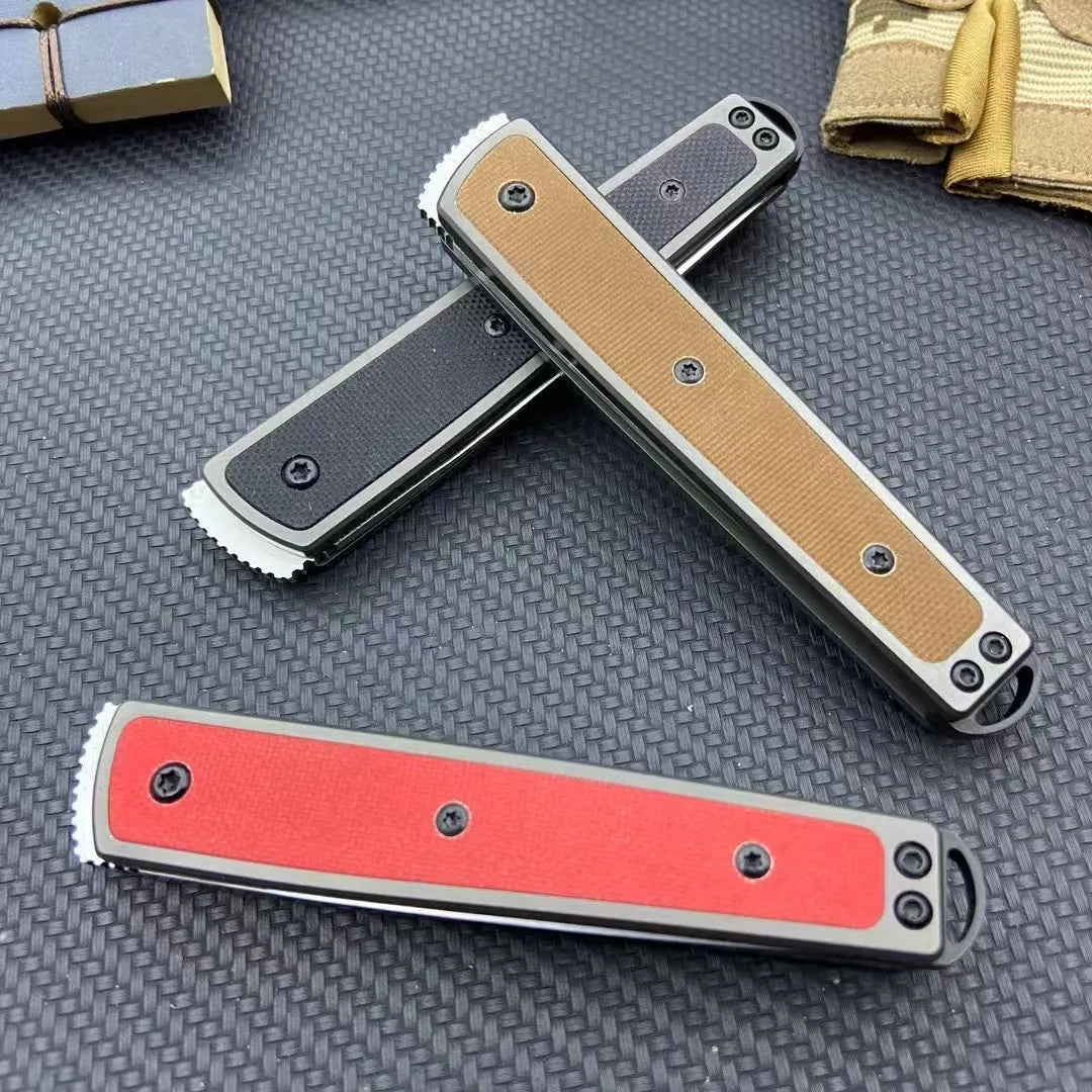 Folding fruit knife with stainless steel blade in black, coffee, or red colour measuring 17cm total length