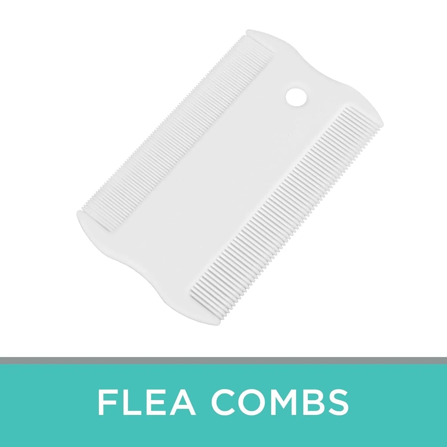 Double-sided plastic flea comb for pets showing dense teeth and 5cm length measurement
