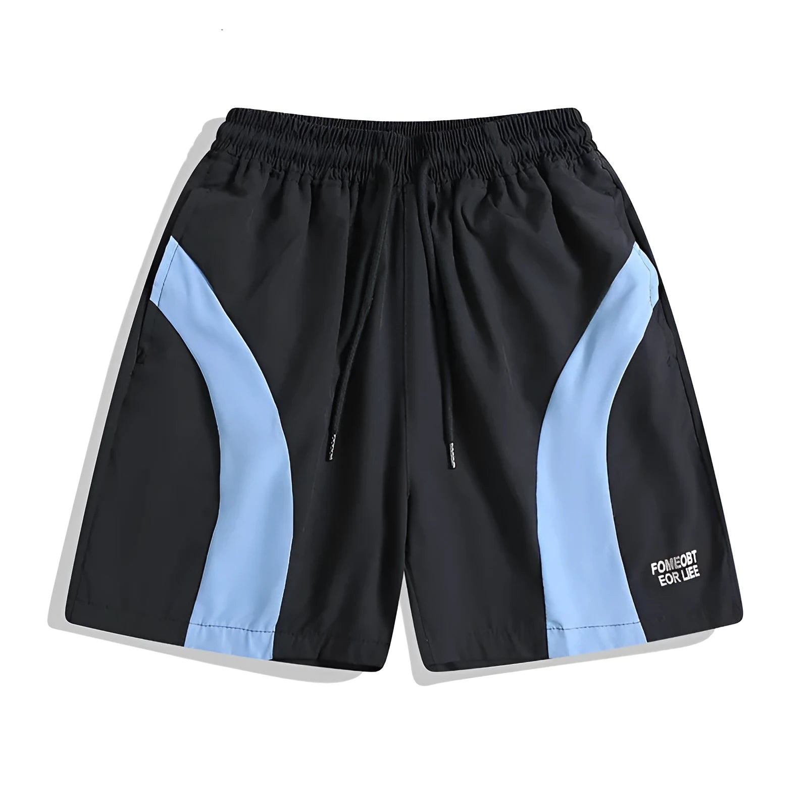 Man wearing black loose-fitting quick-dry training shorts with an elastic waist, suitable for sports and casual wear.
