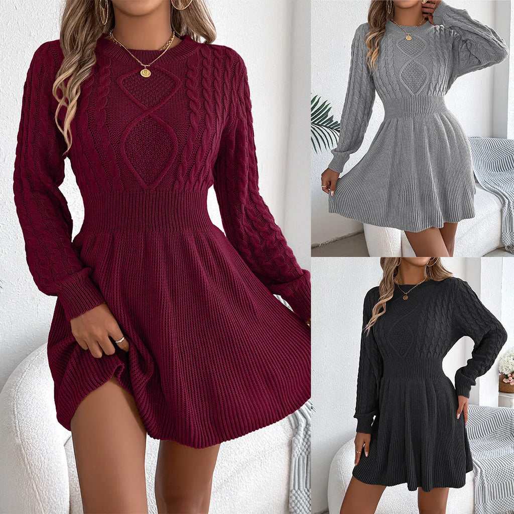 Women's solid colour lantern sleeve sweater dress with twisted elastic fitted waist in black, grey, or wine red