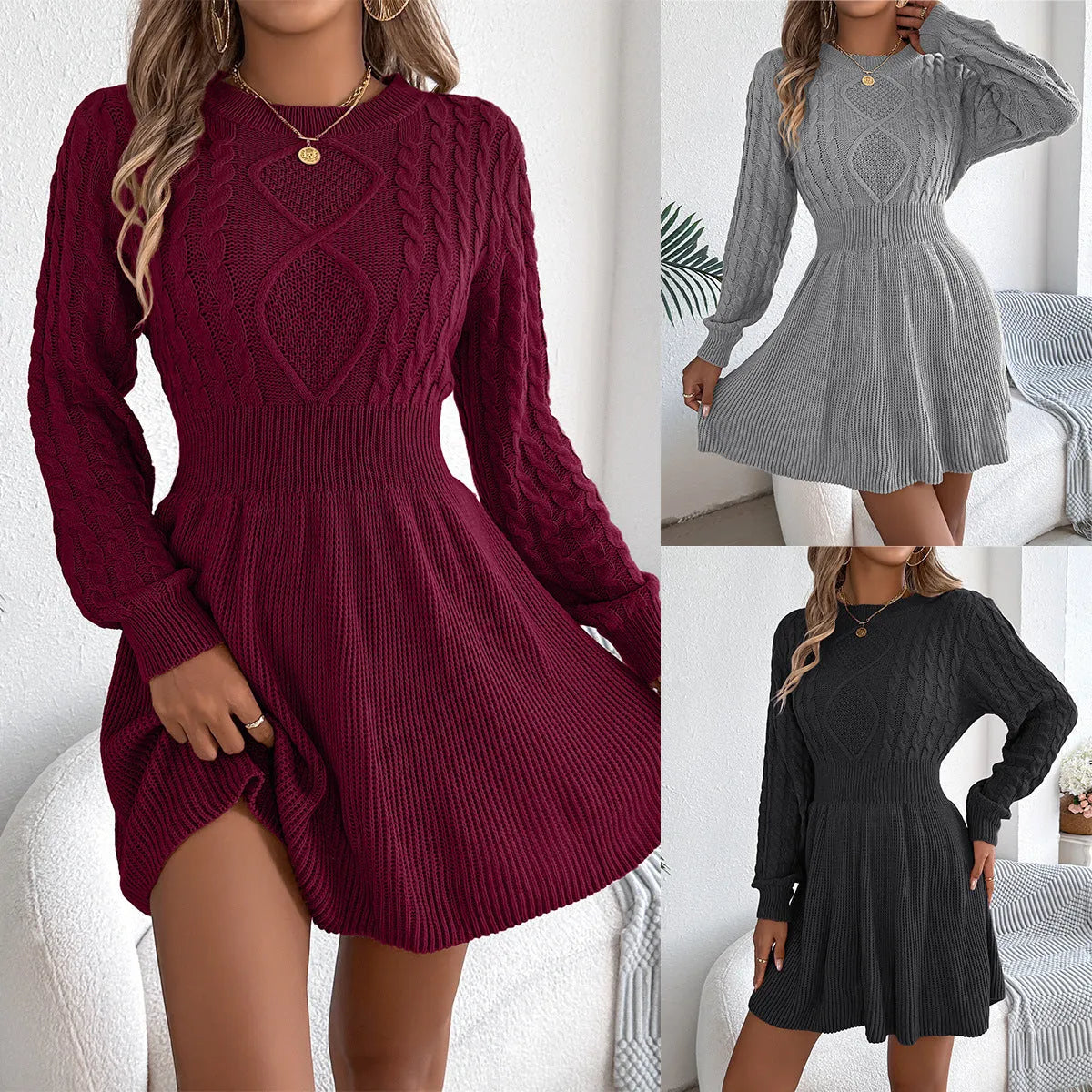 Women's solid colour lantern sleeve sweater dress with twisted elastic fitted waist in black, grey, or wine red
