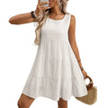 Women's light blue sleeveless plaid dress with a high waist and loose swing skirt on a hanger.