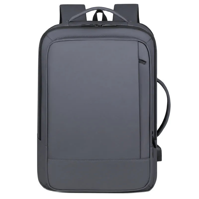 Black or grey waterproof Oxford cloth backpack with curved shoulder straps showing business and outdoor use