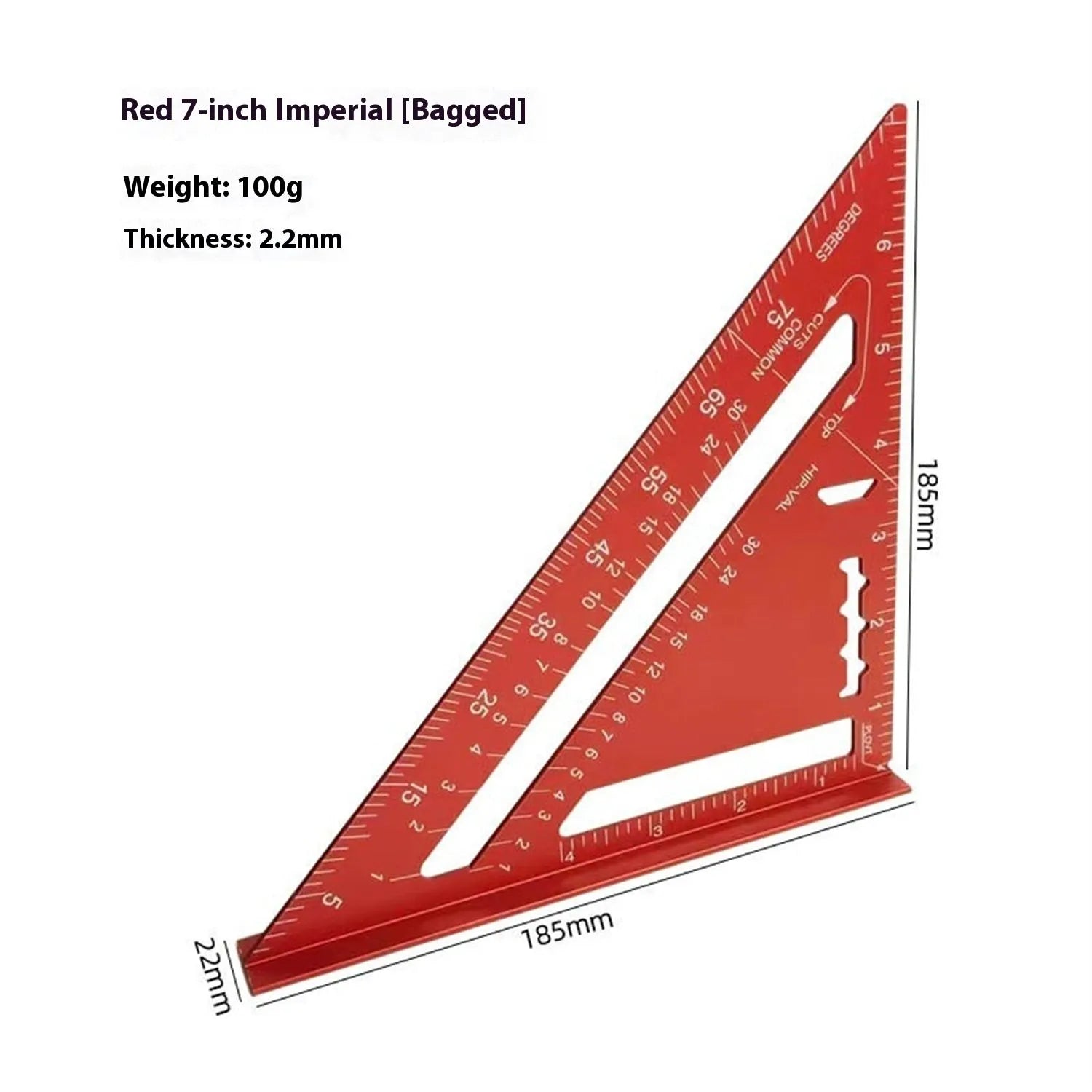 Red 7-inch metal combination angle ruler showing both imperial and metric measurement scales