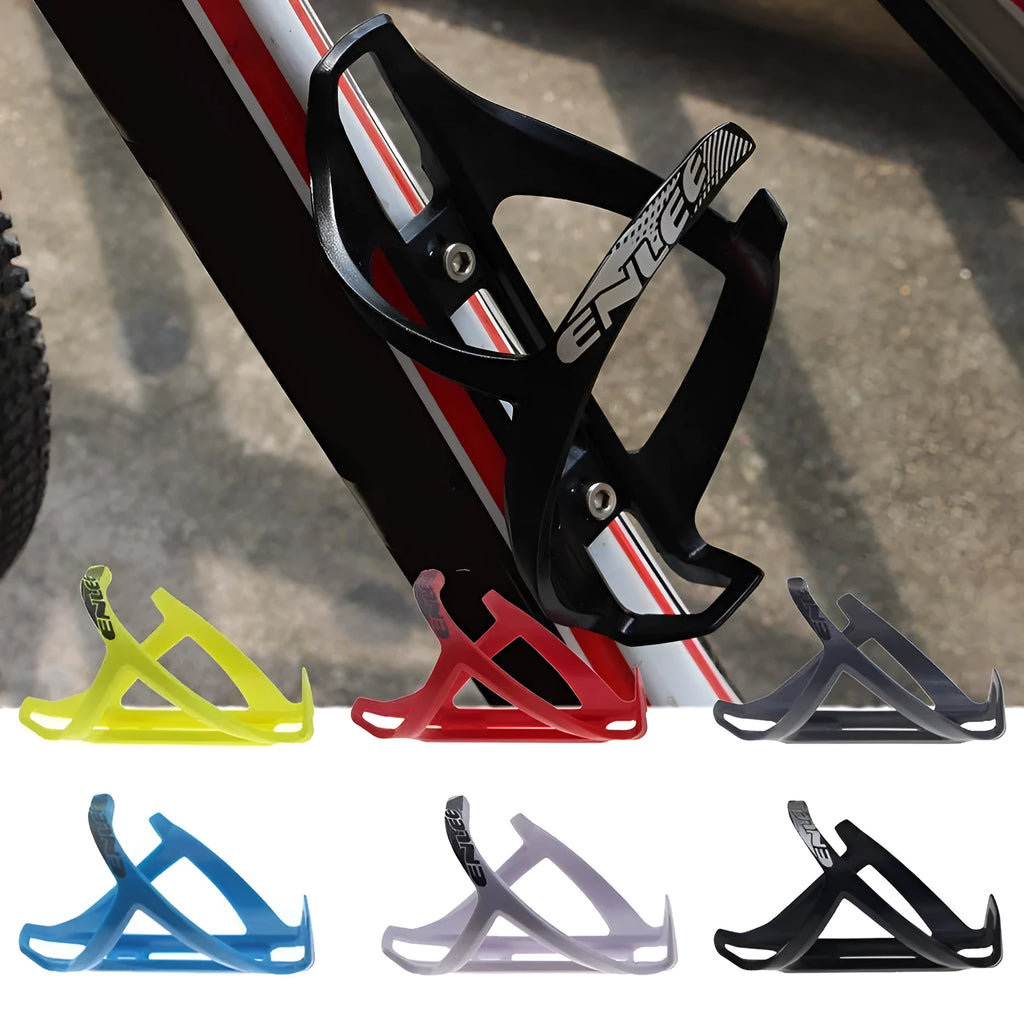 TPR plastic mountain bike water bottle cage in fluorescent yellow, mounted on a bike frame.